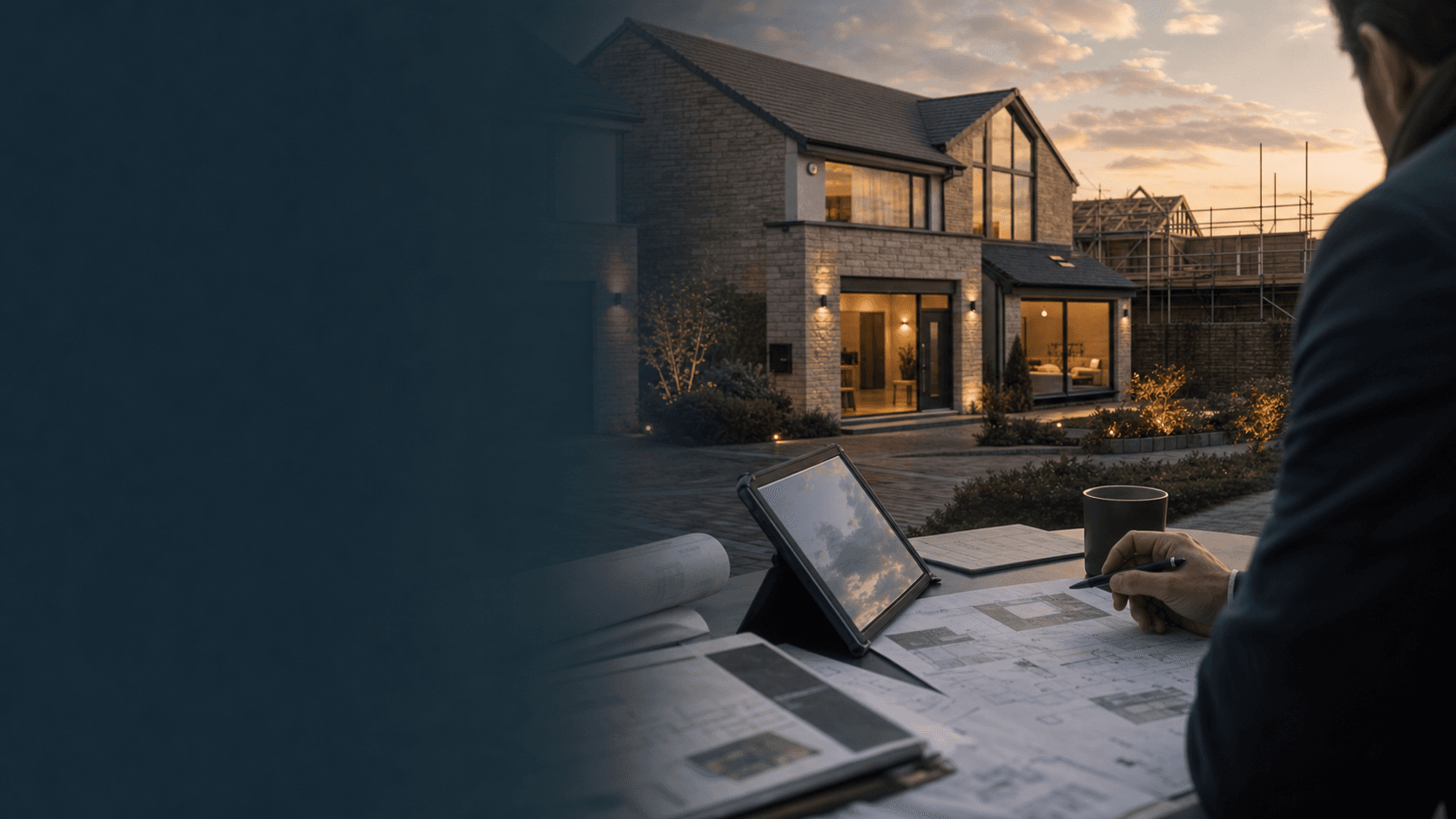 Property plans, a tablet and a modern UK home under review