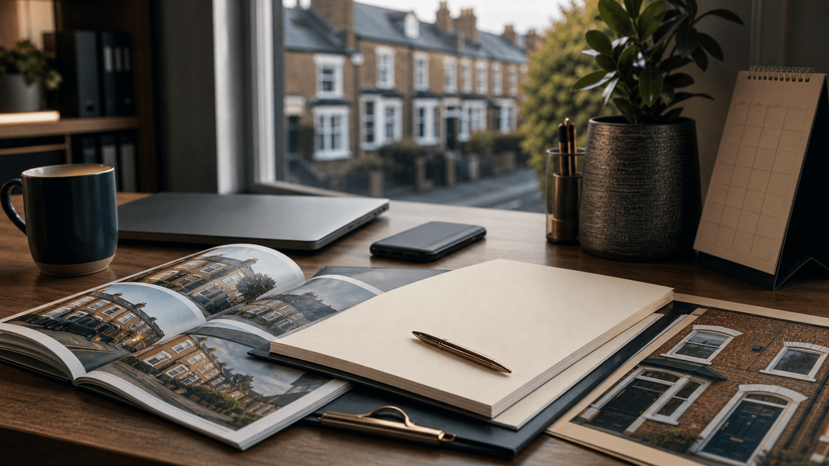 Blank auction-style property pack and terraced UK homes near a desk