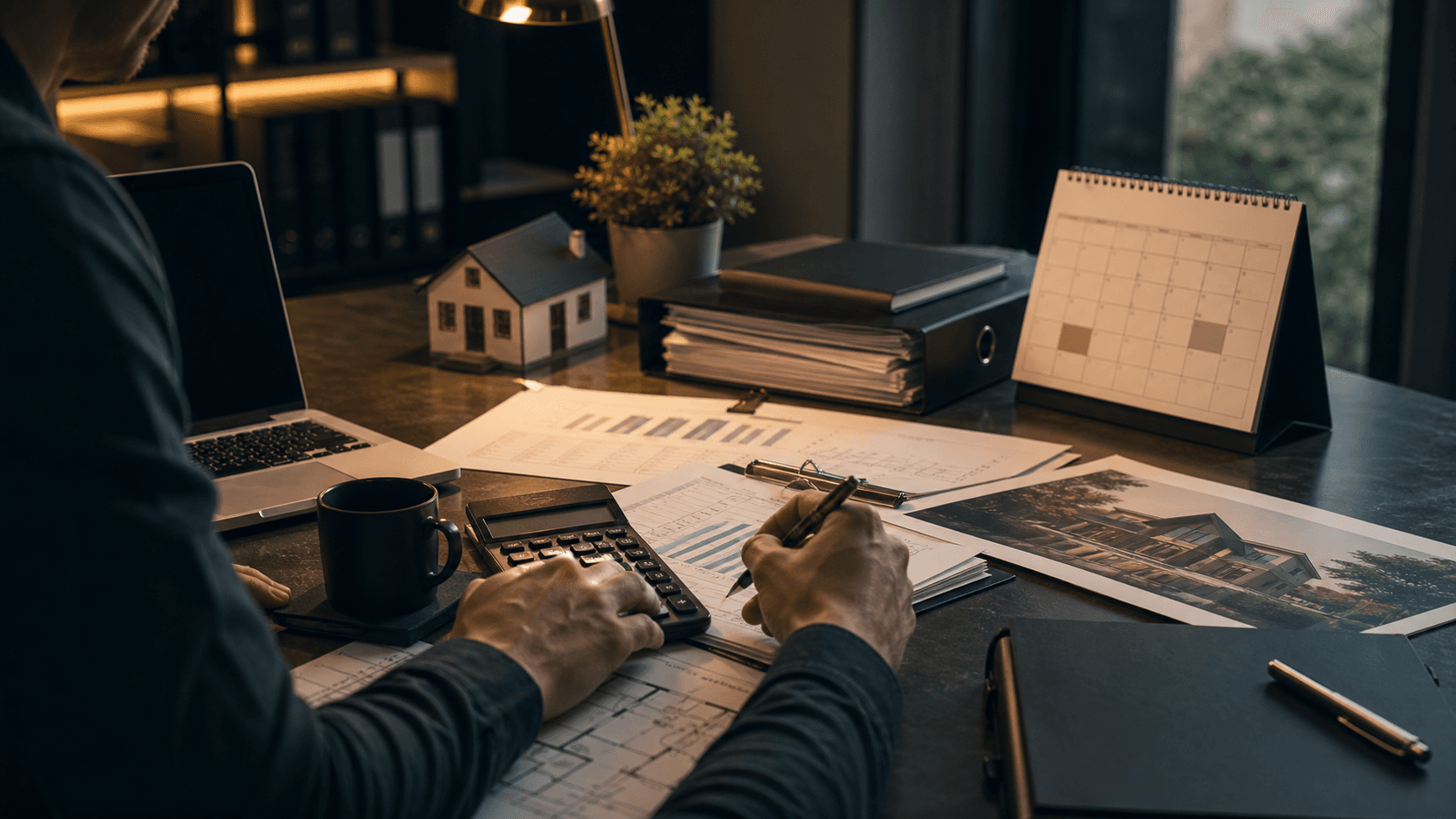 Bridge refinance papers, calculator and property file on a desk