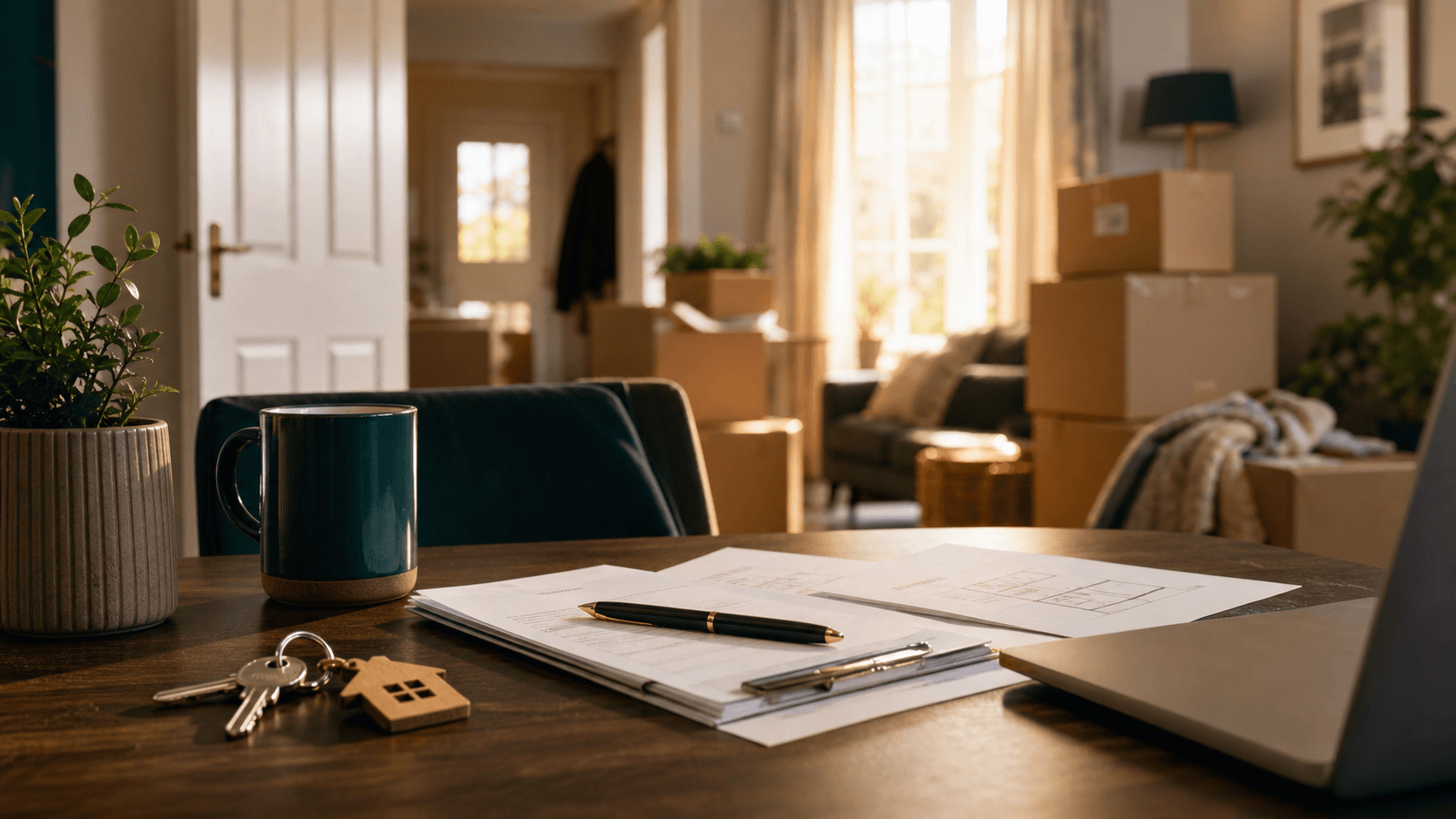 Moving boxes, keys and sale documents in a calm UK home setting