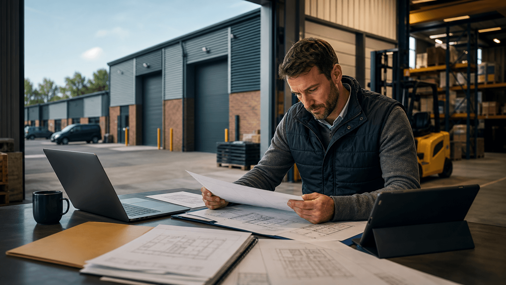 Business owner reviewing finance papers inside a commercial premises