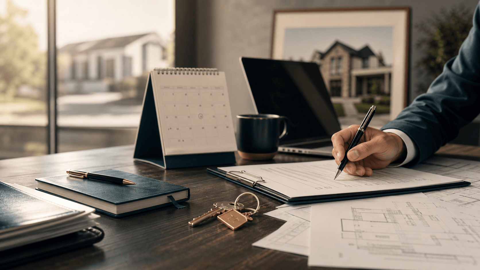 Completion paperwork, keys and a calendar for a property purchase