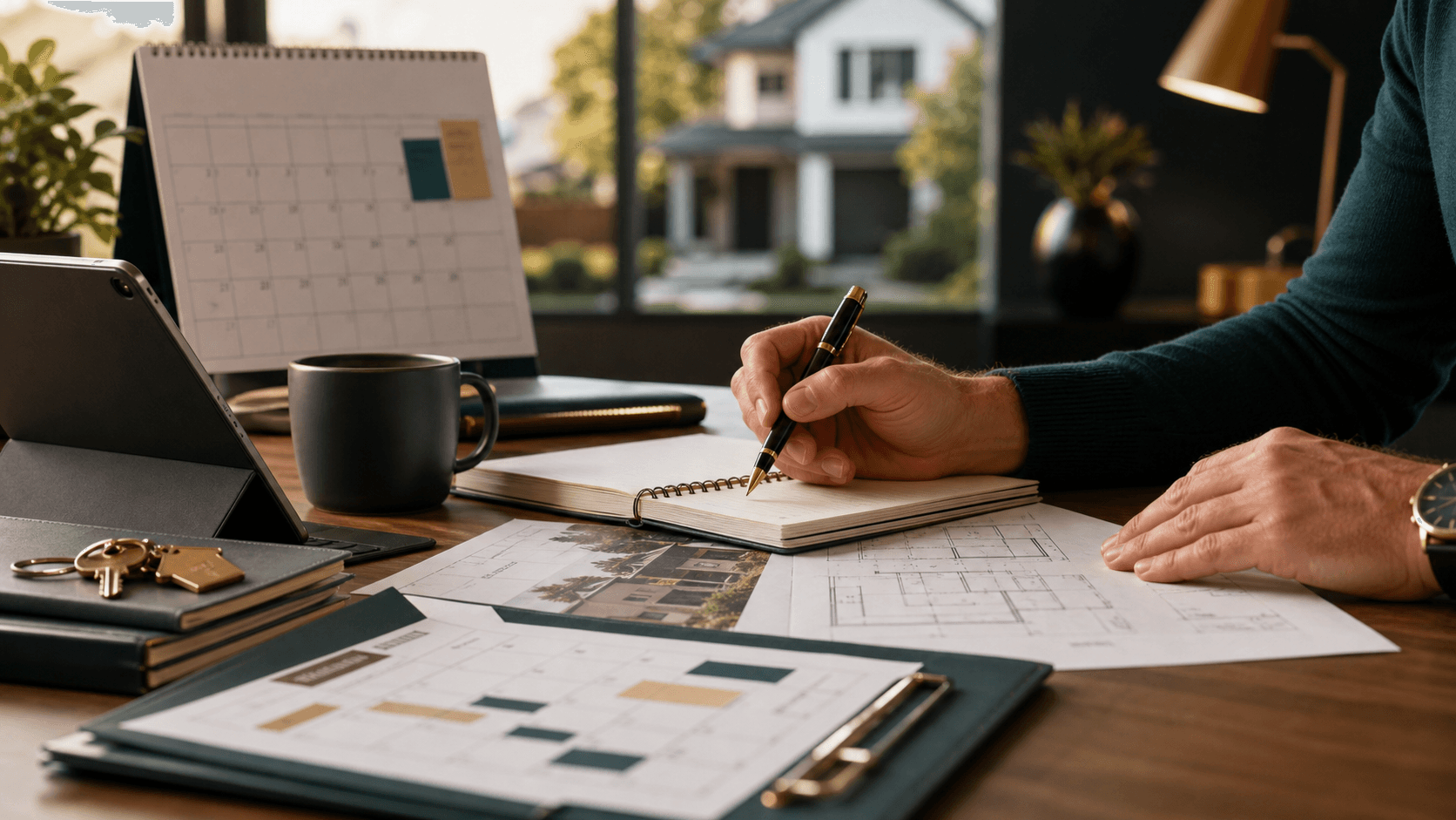 Calendar, plans and notes used to plan a property finance exit route